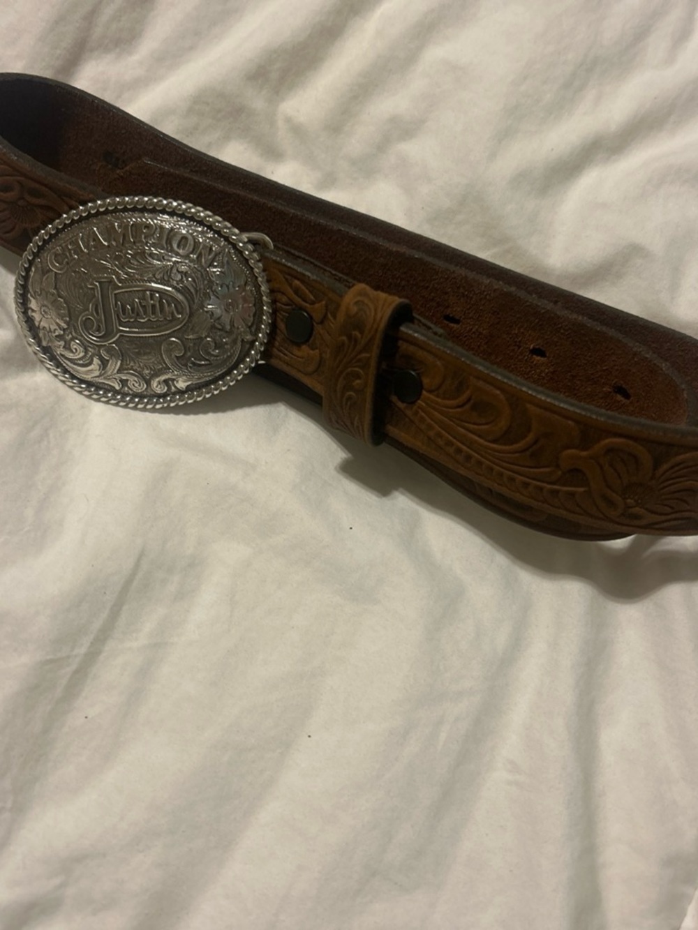 Justin Boots Tooled Leather Western Belt - Brown with Silver Buckle